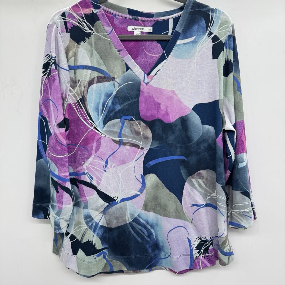 Chico's 100% Pima Cotton Knit Printed V-Neck Top Sz XL Multicolor Abstract Artsy